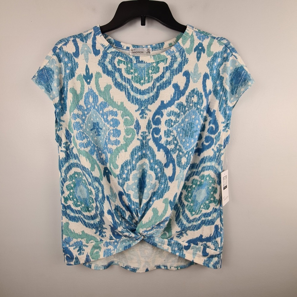 89th + Madison Women Blue Ikat Damask Twist Front Linen Blend Top Small NWT